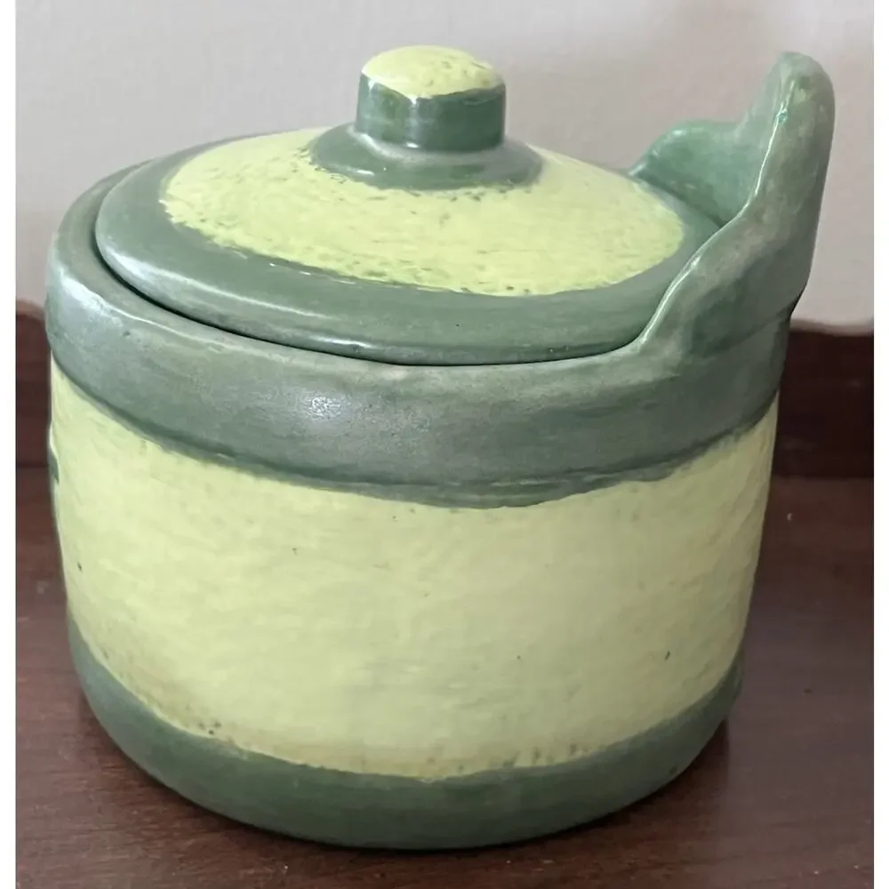 Vintage 1976 Ceramic Salt Cellar Crock Hanging 70s Green Farmhouse Americana